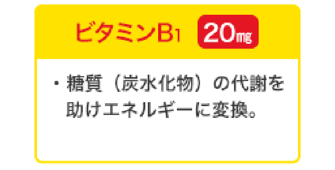 ビタミンB1 20mg／糖質（炭水化物）の代謝を助けエネルギーに変換。