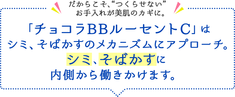 だからこそ、“つくらせない”お手入れが美肌のカギに。 「チョコラBBルーセントC」は シミ、そばかすのメカニズムにアプローチ。シミ、そばかすに内側から働きかけます。