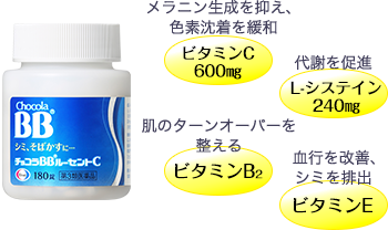 チョコラBBルーセントC メラニン生成を抑え、色素沈着を緩和ビタミンC600㎎ 代謝を促進L-システイン240㎎ 肌のターンオーバーを整えるビタミンB2 血行を改善、シミを排出ビタミンE